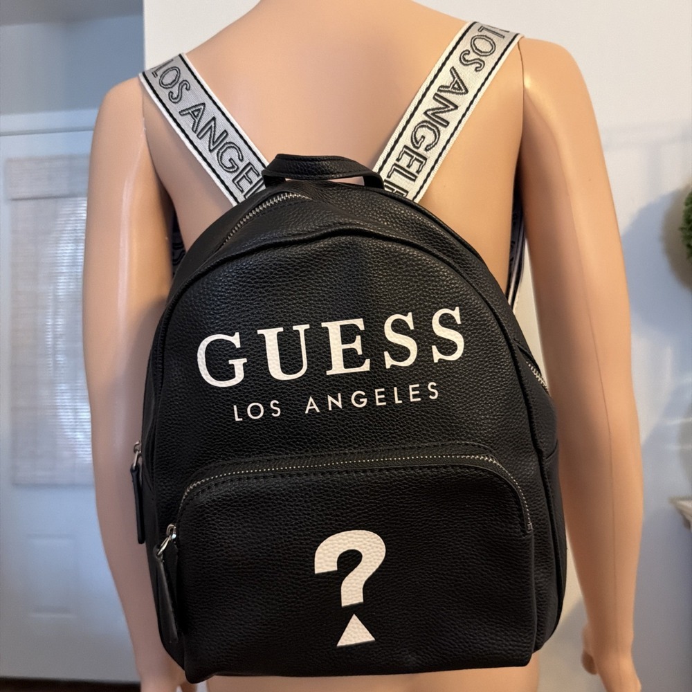Guess Los Angeles Black Backpack Medium Leather Zippers New No Tags